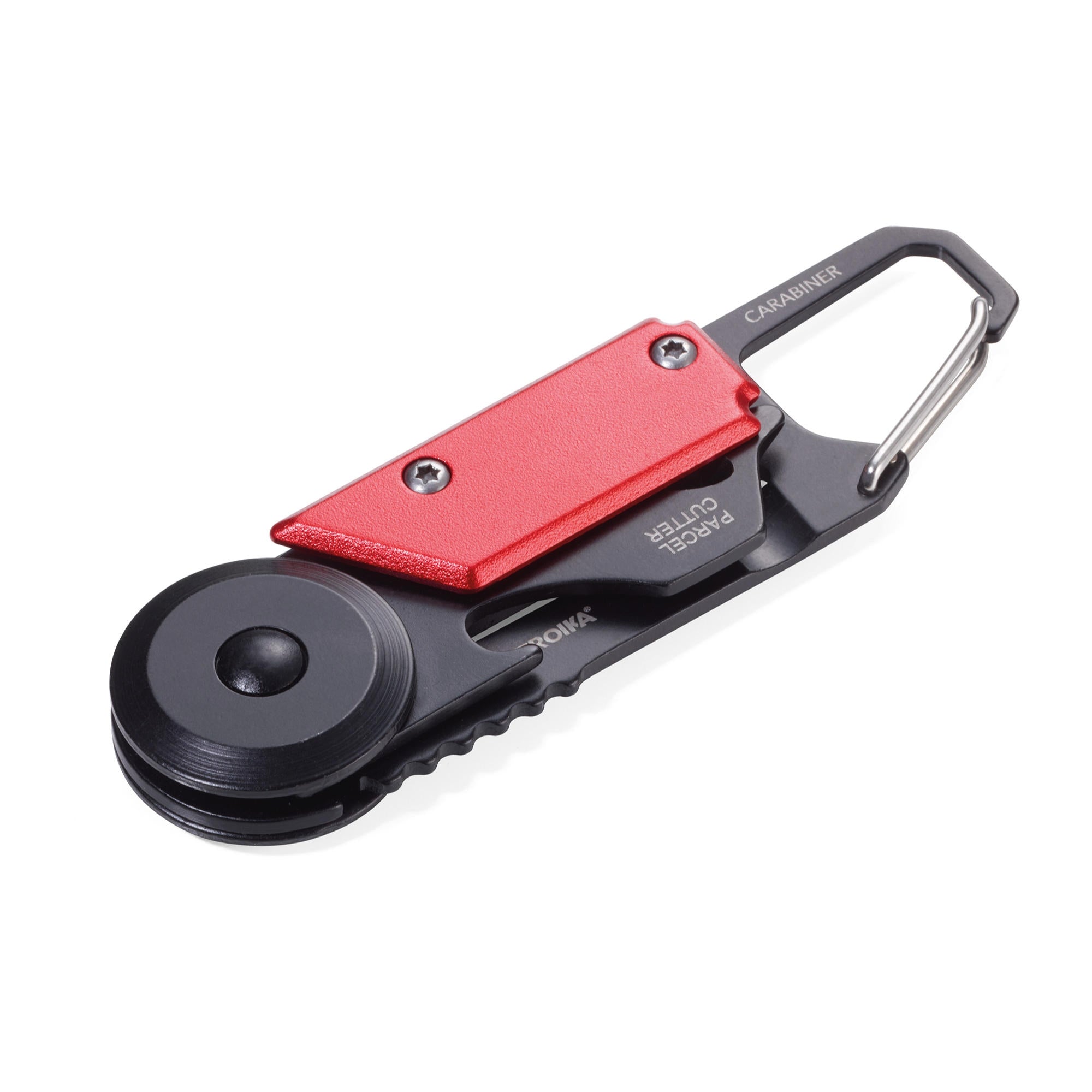 Red and black pocket multi-tool with carabiner-style key ring and circular tool head