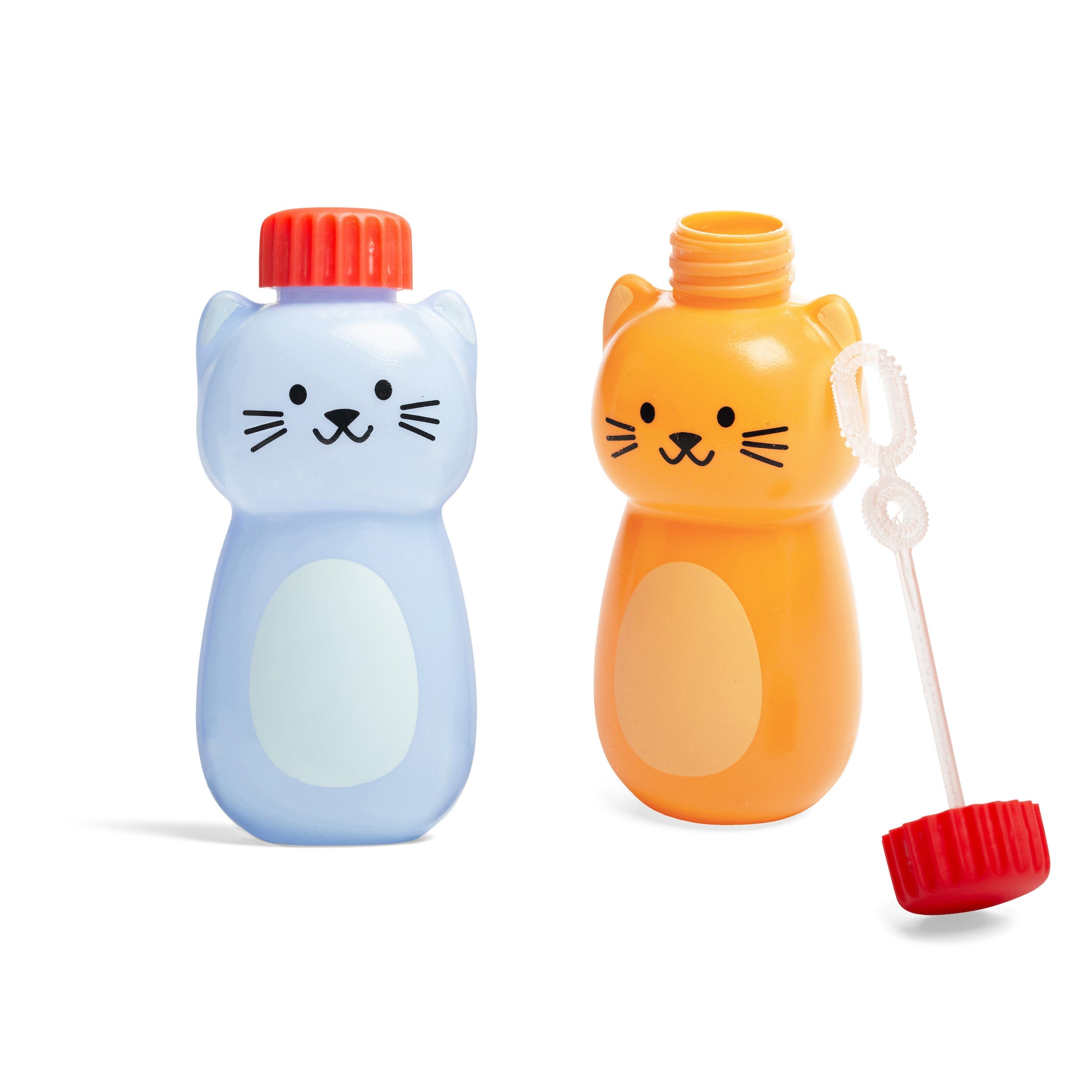 Cat-shaped bubble bottle toy, light blue and orange with red caps and bubble wand