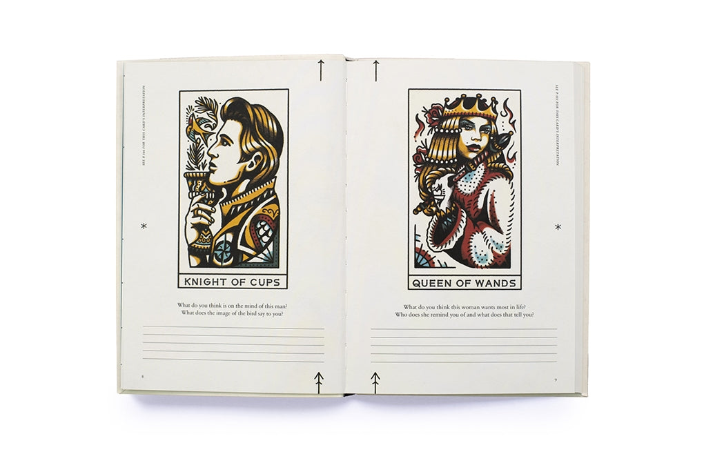Open tarot journal pages with “Knight of Cups” and “Queen of Wands” cards