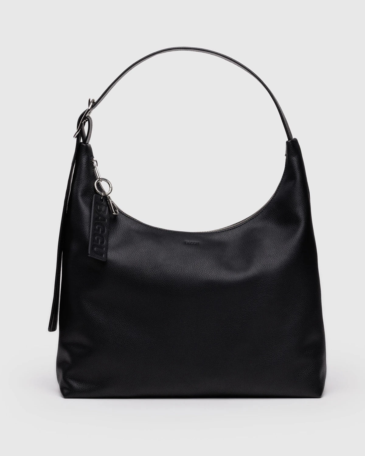 Black recycled leather shoulder bag with top handle and hanging keychain charm, front view