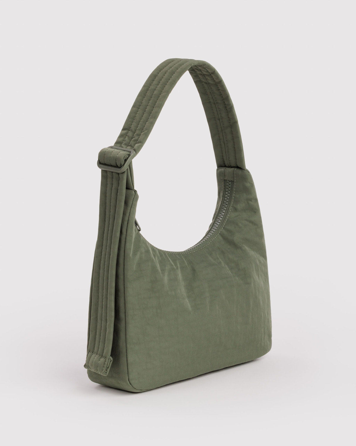 Olive green mini nylon shoulder bag with top loop handle and zipper