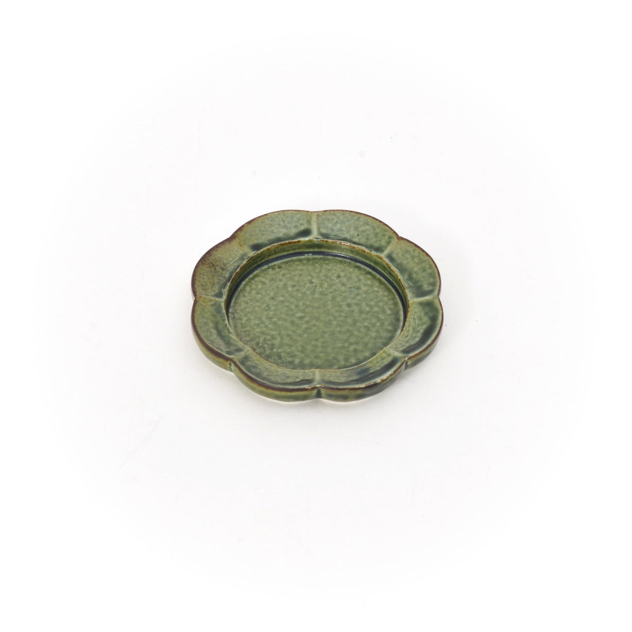Green ceramic incense tray with flower scalloped edge and central dish