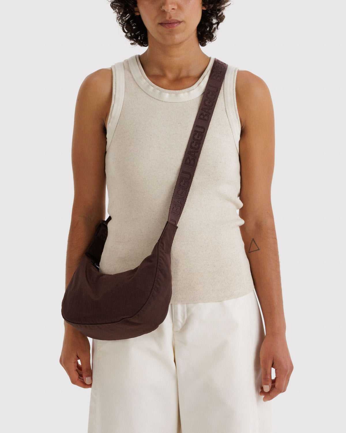 Small nylon crescent bag, brown worn crossbody with adjustable strap