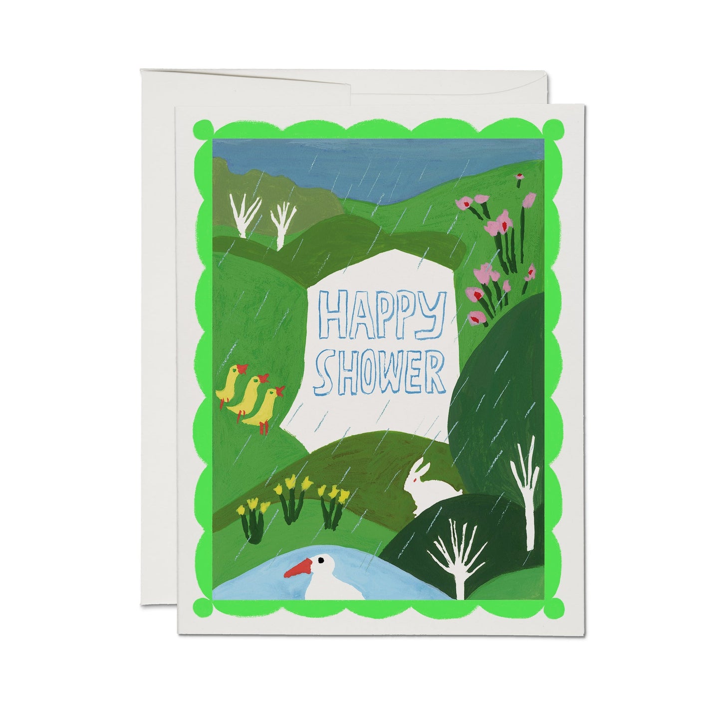 Greeting card with green illustrated scene and 'HAPPY SHOWER' text, rain over animals