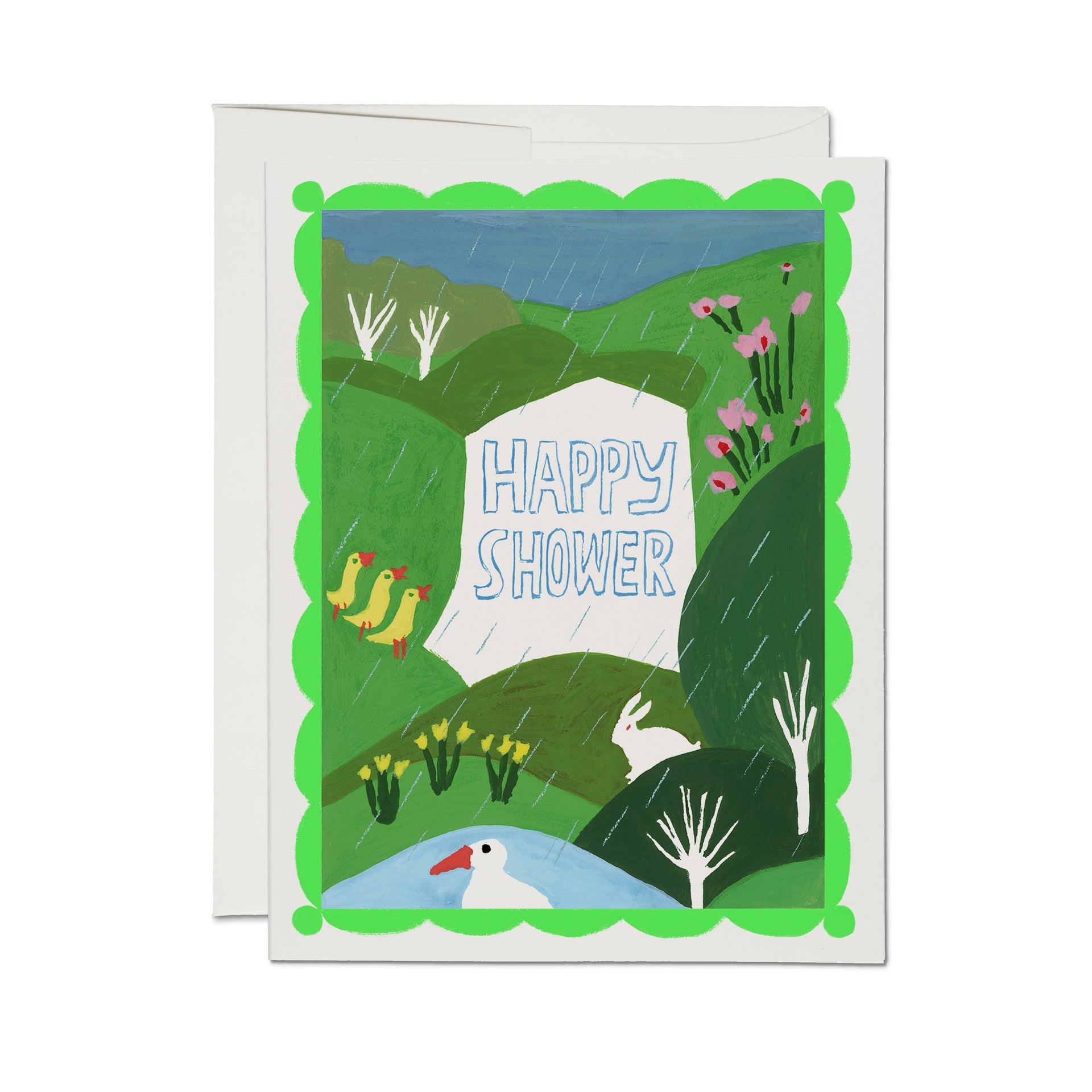 Greeting card with green illustrated scene and 'HAPPY SHOWER' text, rain over animals