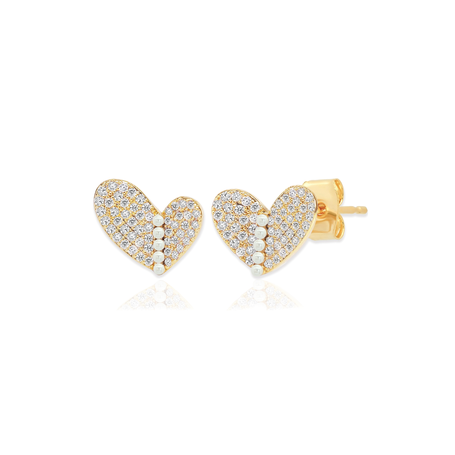 Gold heart stud earrings with asymmetrical pave crystal details and tiny pearl line accents