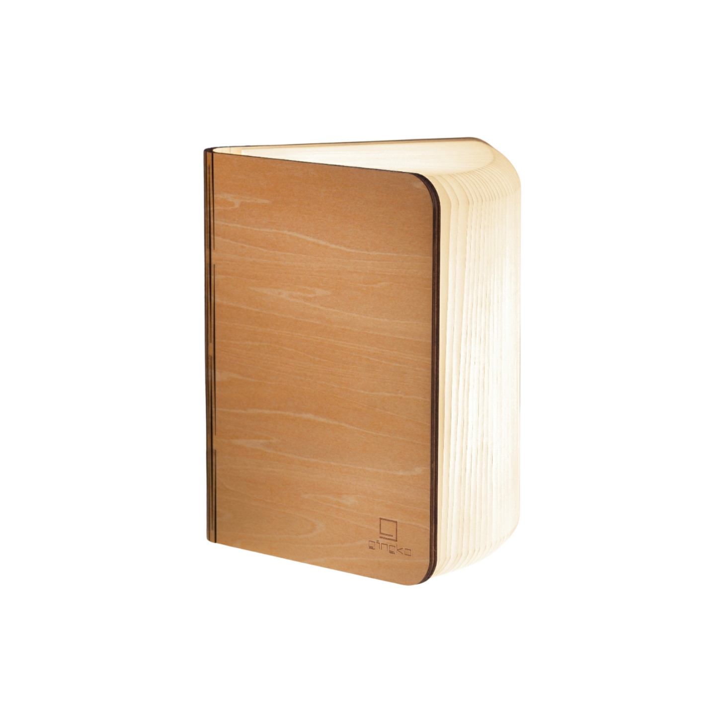 Light wood mini booklight with hinged slatted sides, emitting warm light