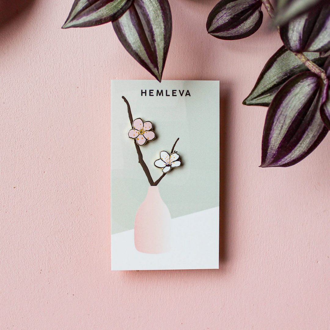 Cherry blossom enamel pin set on a HEMLEVA card with two branch-style pins