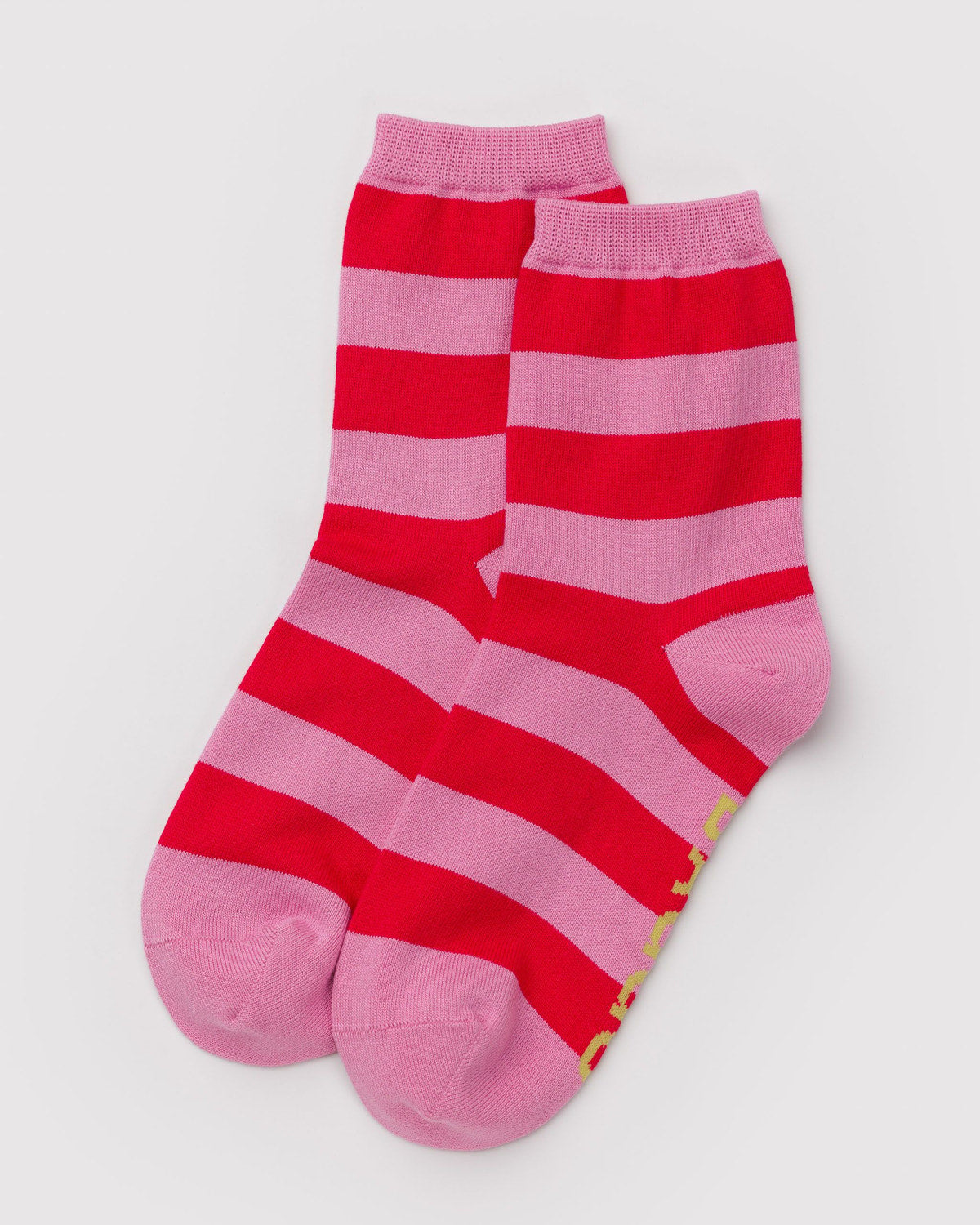 Crew-length socks with red and pale pink horizontal check stripe pattern, two-pack.