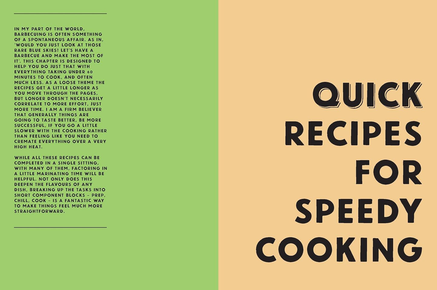 Quick recipes for speedy cooking title page with green and tan design panels