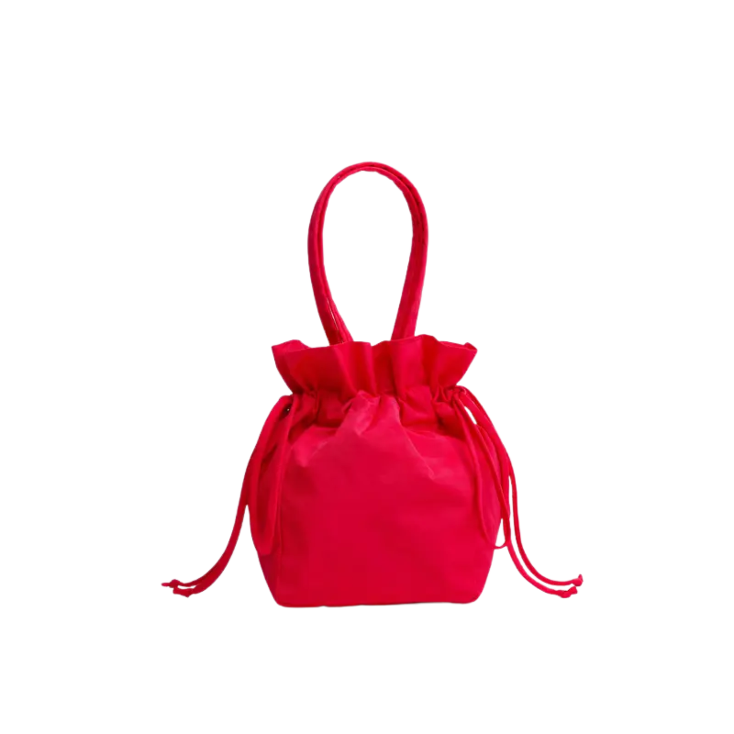 Red nylon drawstring bag with gathered ruffle top and long cord handles
