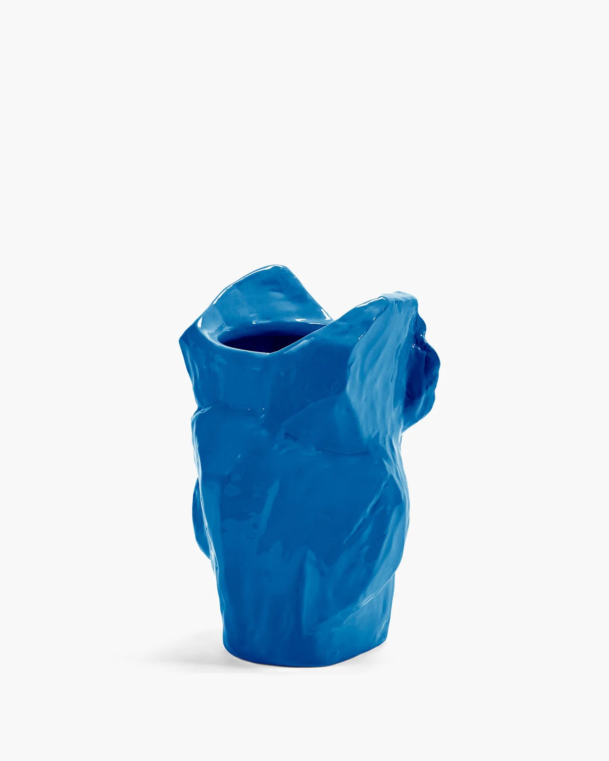 Glazed blue owl vase, side view showing the back and open top