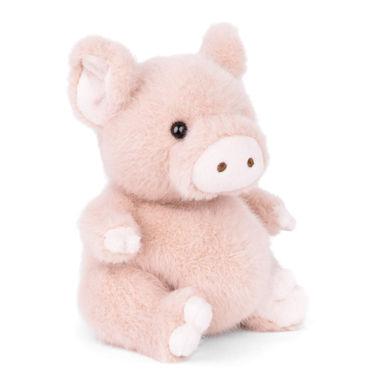 Light pink sitting plush pig with snout, embroidered eyes, and small white feet