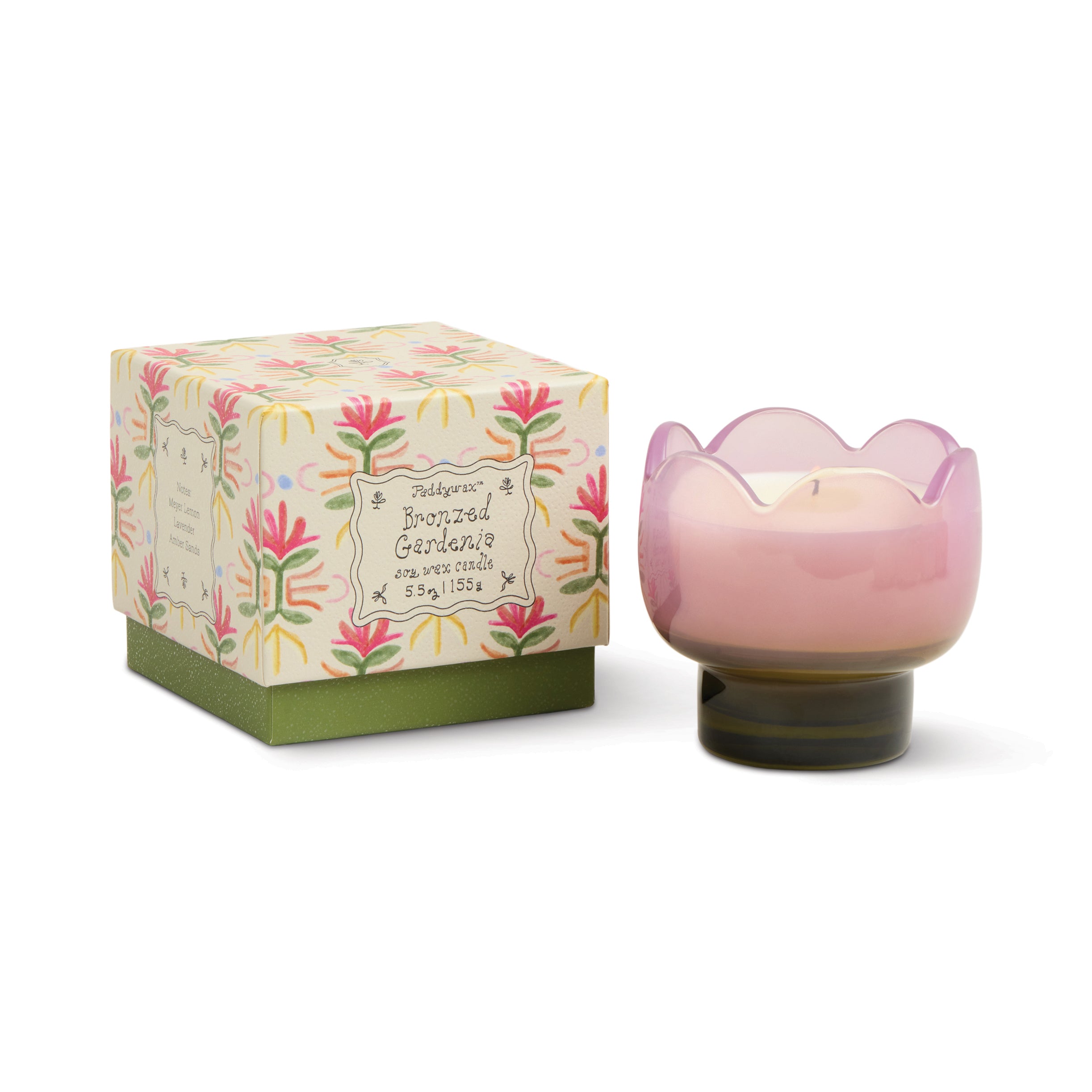 Scalloped glass jar candle with pink wax; gardenia floral gift box