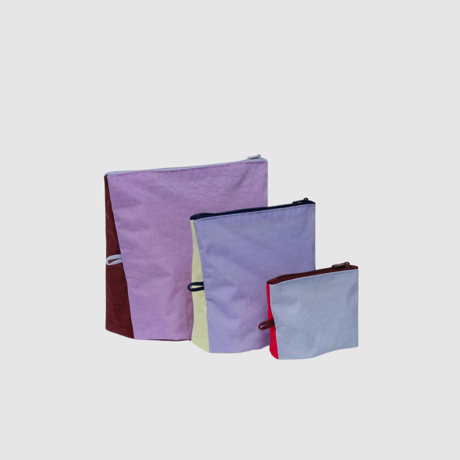 Go pouch set of three fabric zip pouches in lavender and light blue solid shades