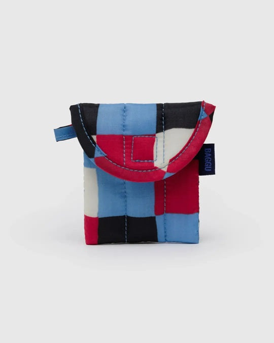 Puffy earbuds case in multicolor patchwork blocks with a rounded padded flap