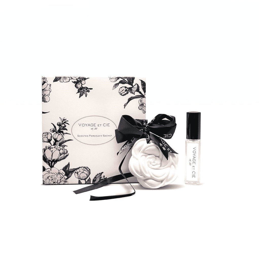 Scented porcelain sachet with floral gift box, black ribbon bow, and white porcelain flower