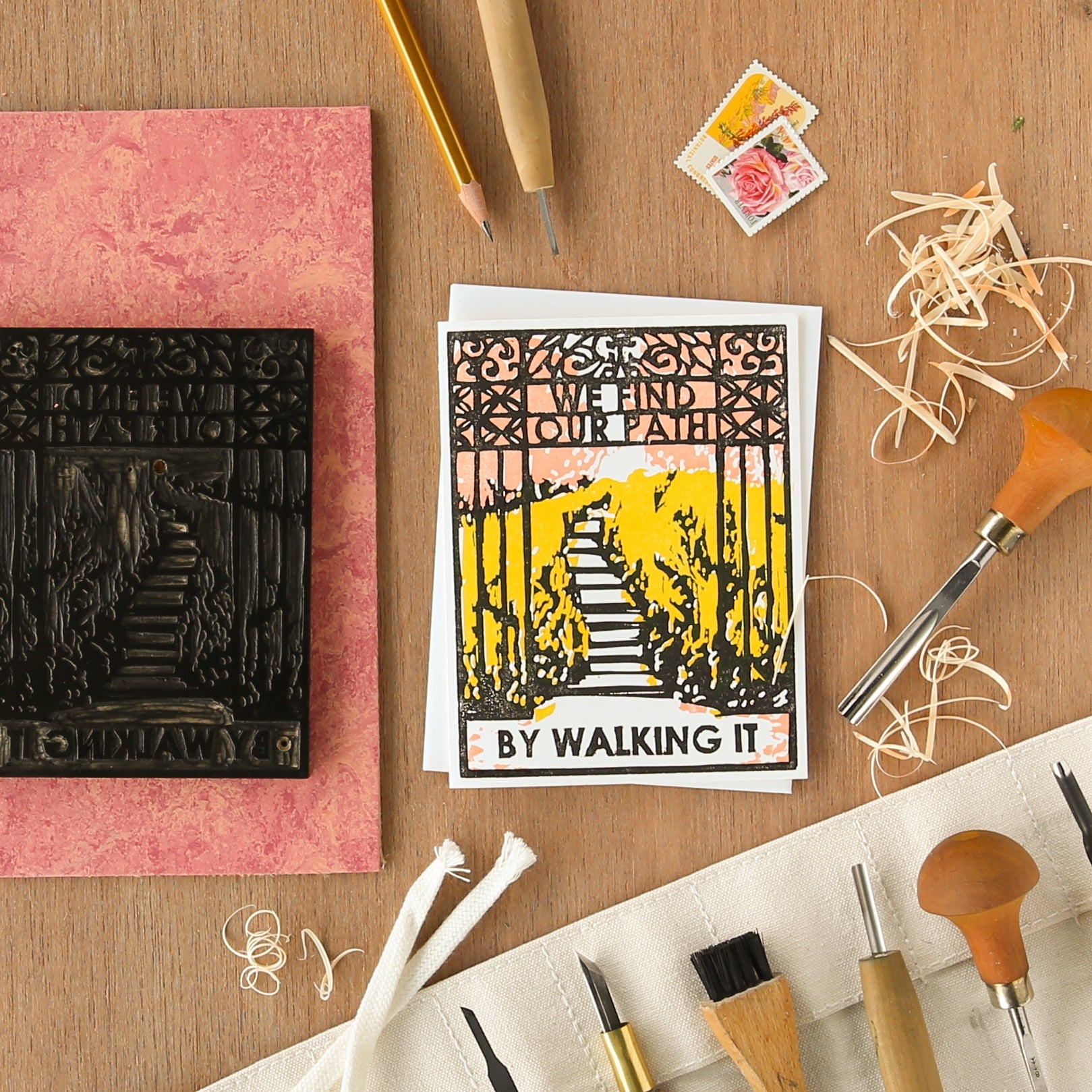 Encouragement card with yellow doorway art and “WE FIND OUR PATH,” “BY WALKING IT”