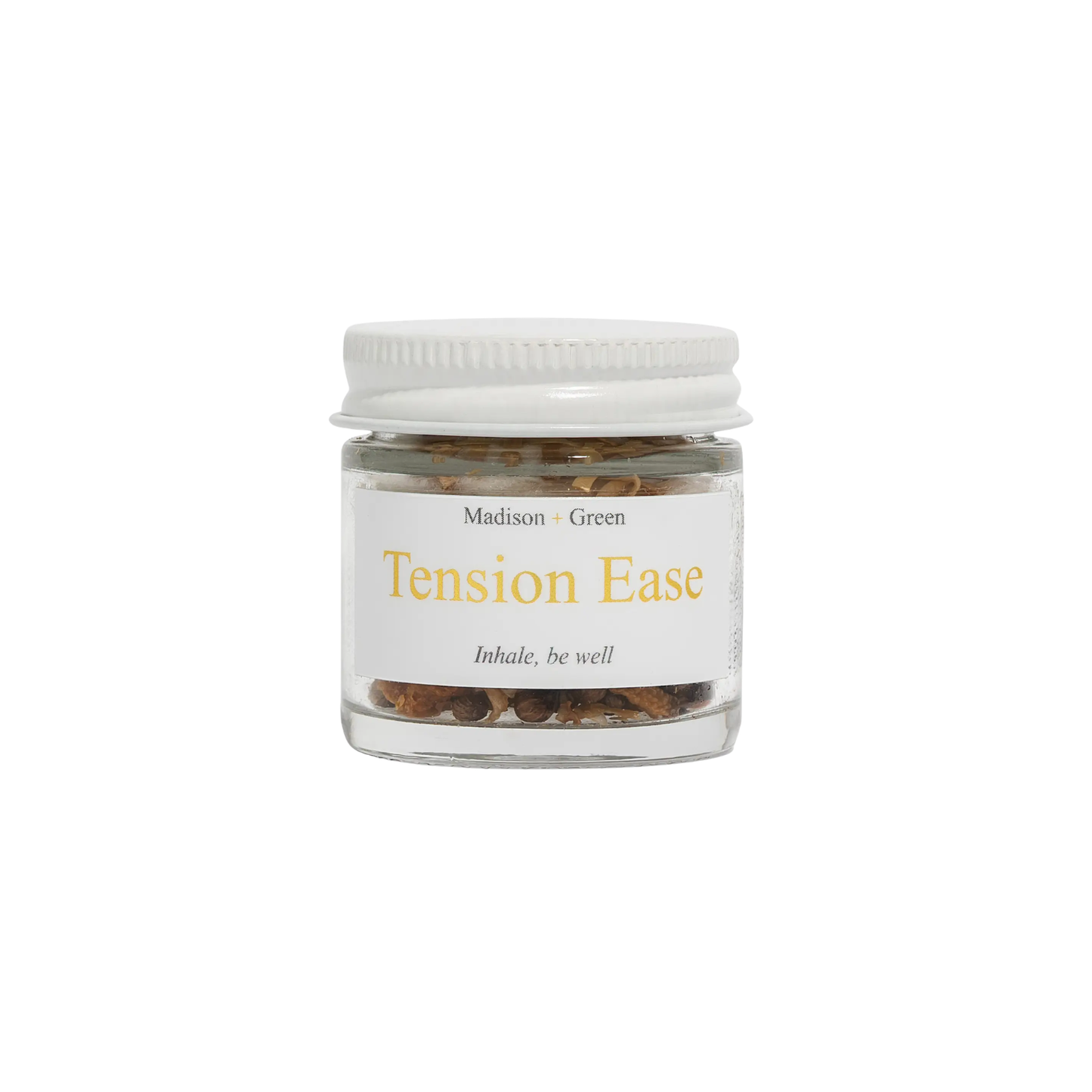 Aromatherapy inhaler jar with white cap, label "Tension Ease" by Madison + Green