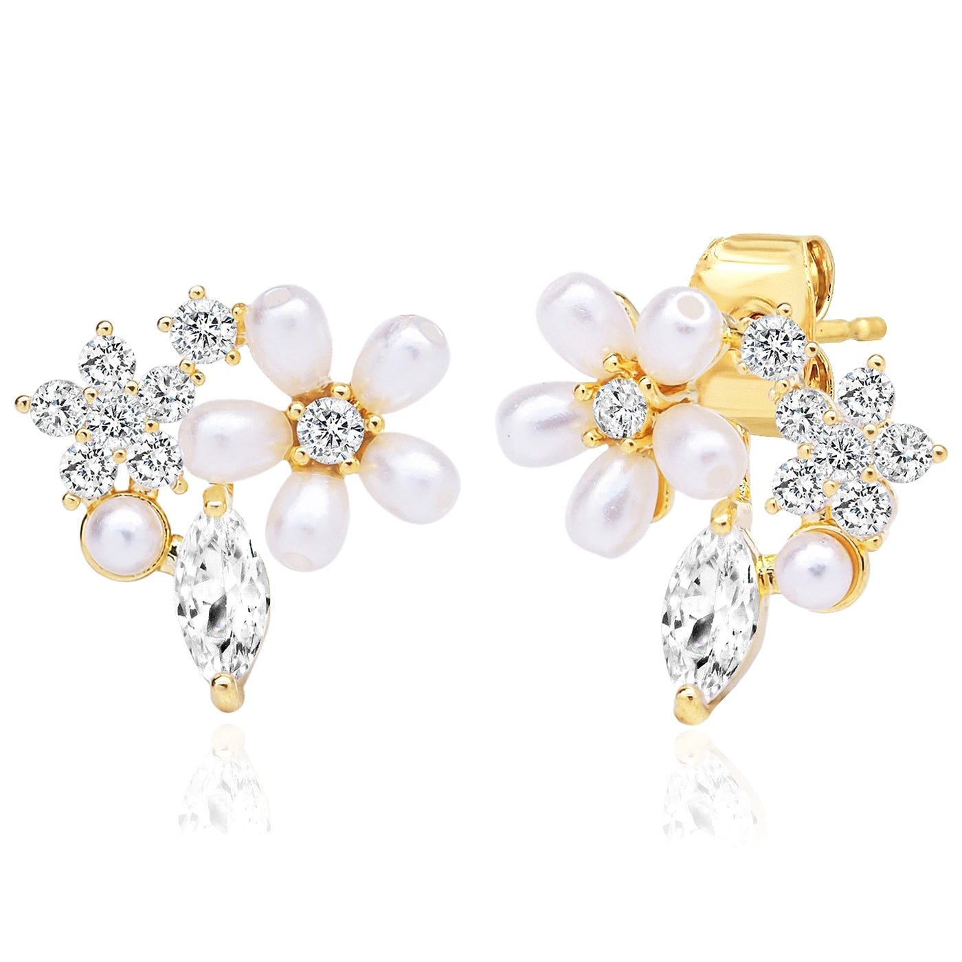 Gold-tone flower stud earrings with faux pearl petals, CZ clusters, and teardrop drops