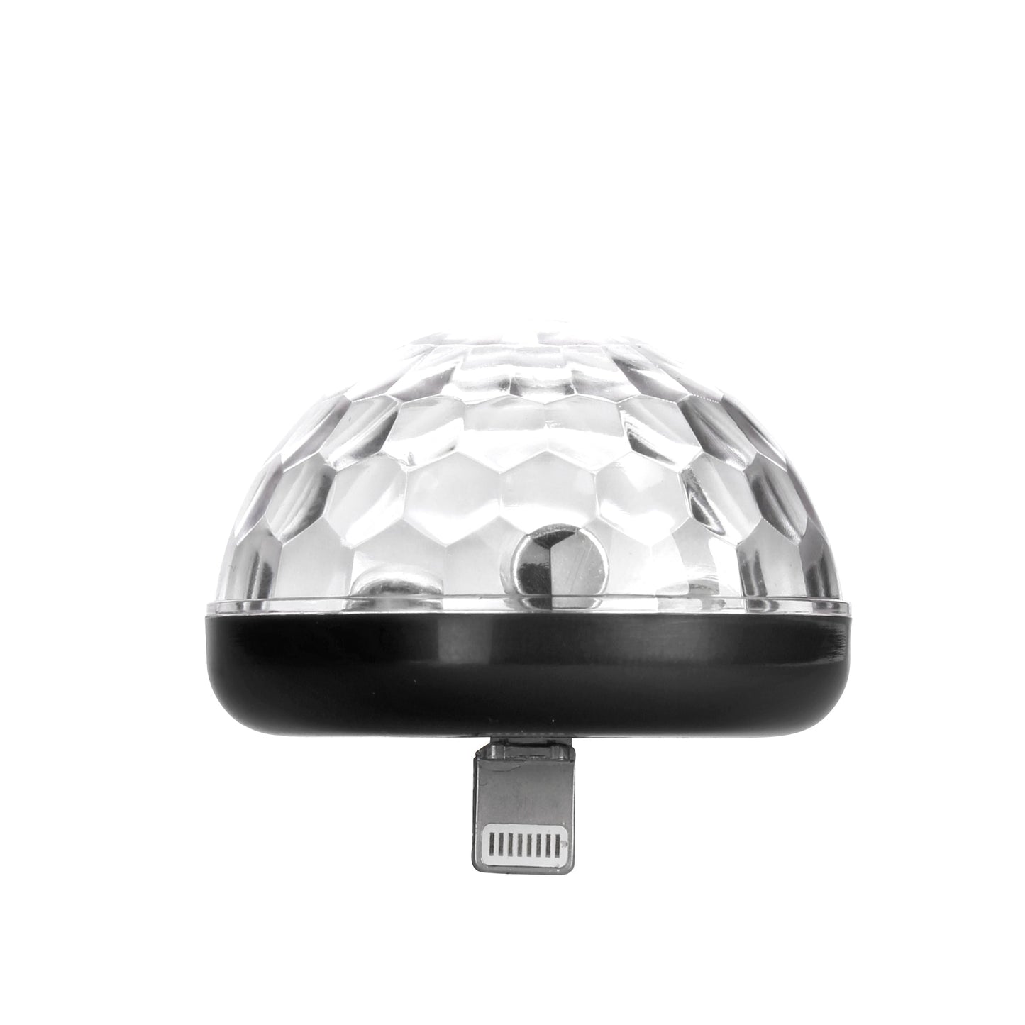 Phone disco light with silver disco-ball top, black base, lightning plug