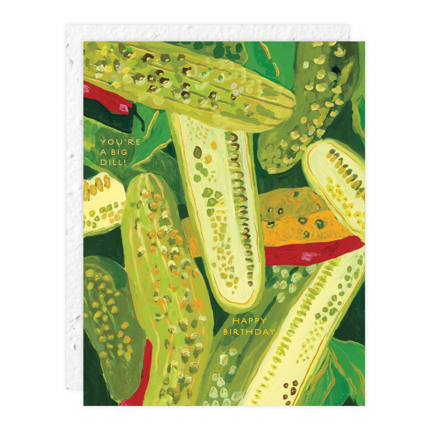 Birthday card with green pickle illustration and text “Happy Birthday” and “You’re a Big Dill”