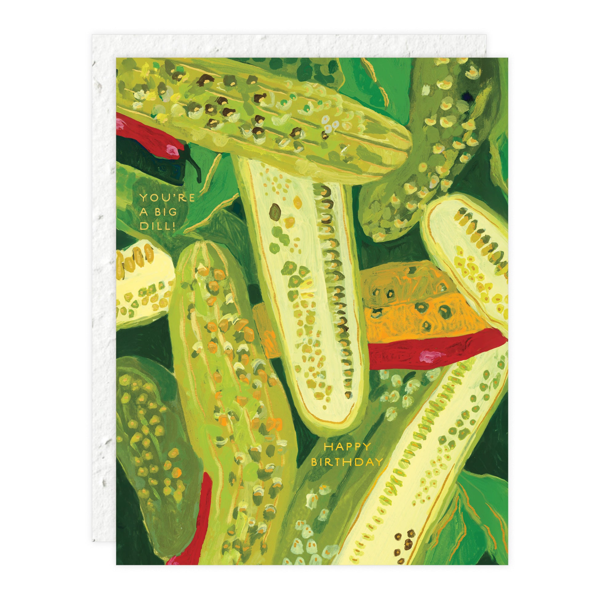 Birthday card with green pickle illustration and text “Happy Birthday” and “You’re a Big Dill”