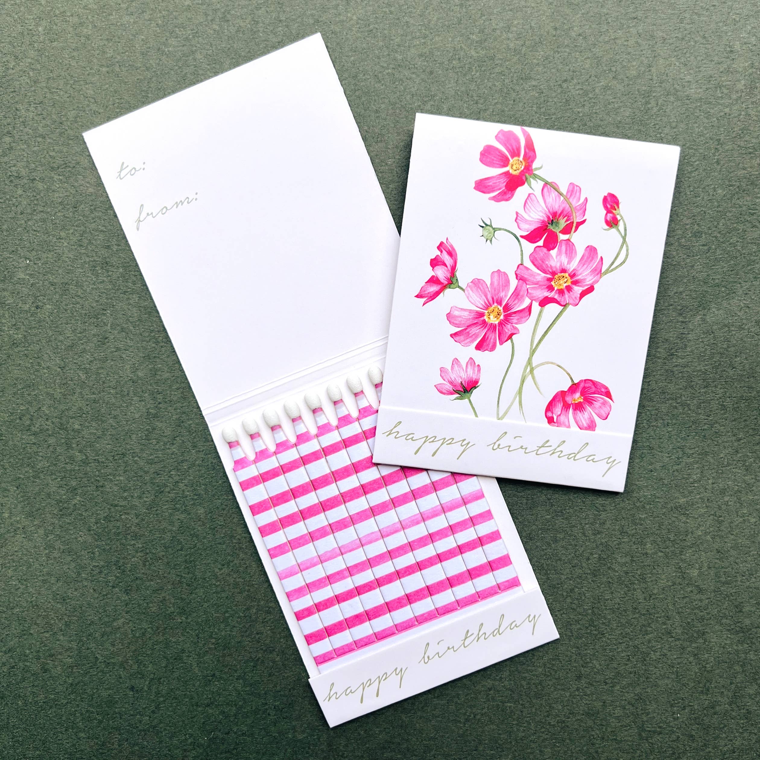 Cosmos happy birthday match card with pink cosmos flowers and pink gingham match sleeve