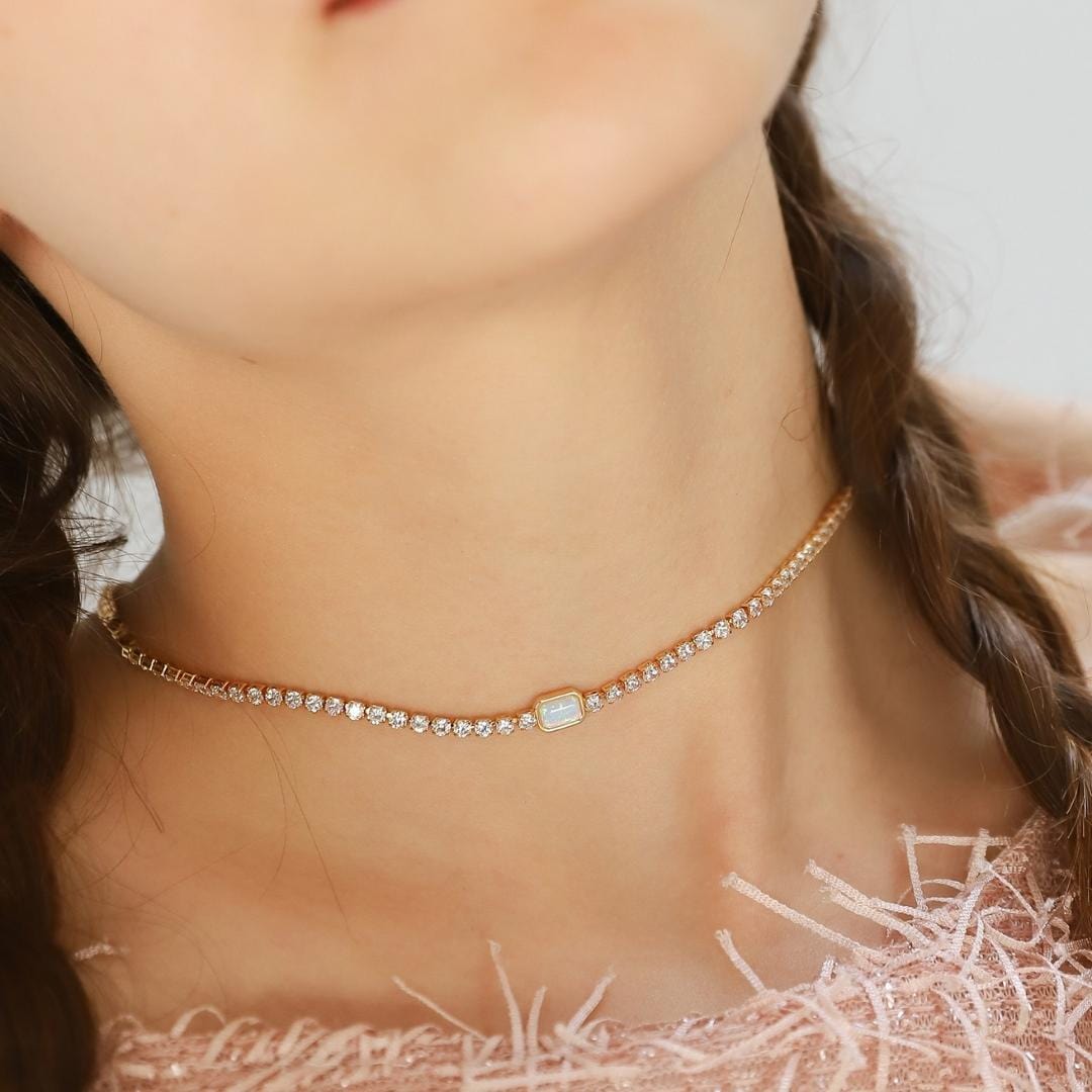 Tennis Necklace with Opal Center Stone