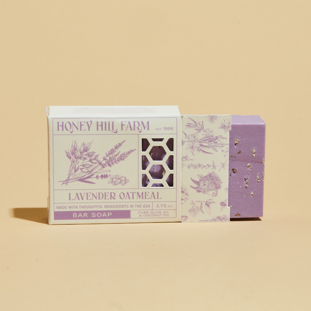 Honey Hill Farm Lavender Oatmeal bar soap with purple bar and lavender label box.