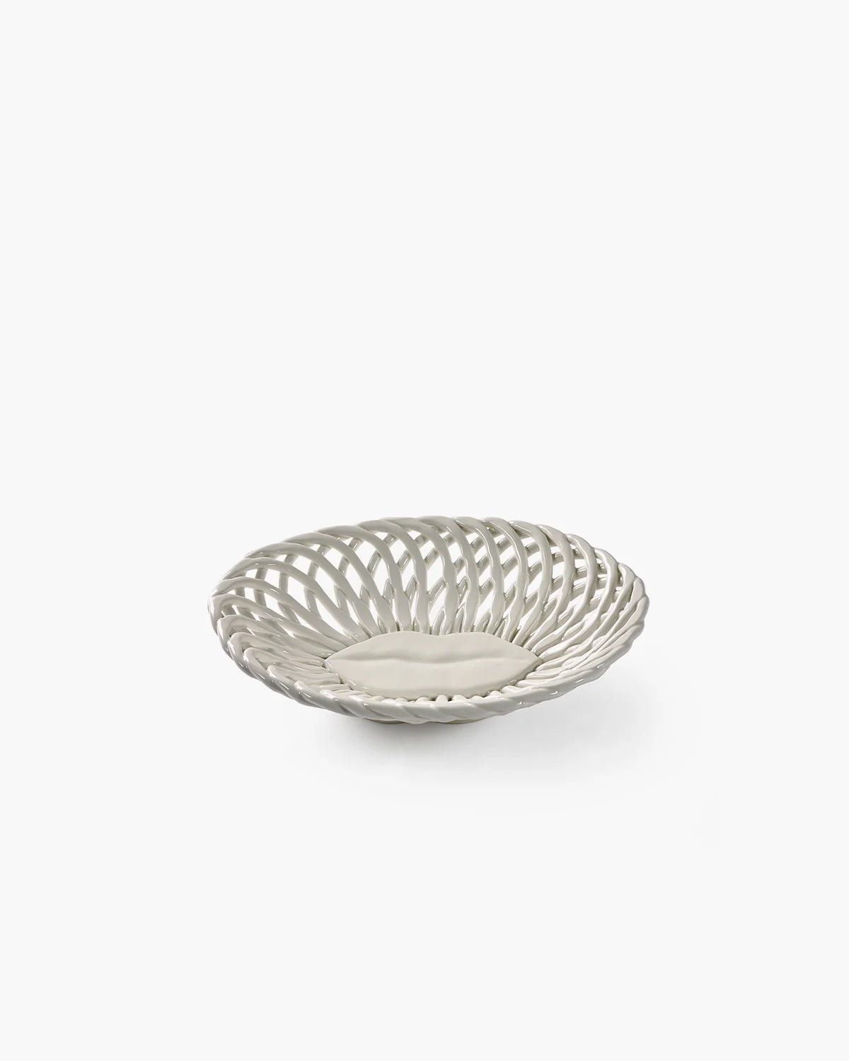 White woven earthenware bread basket with scalloped rim and shallow center bowl