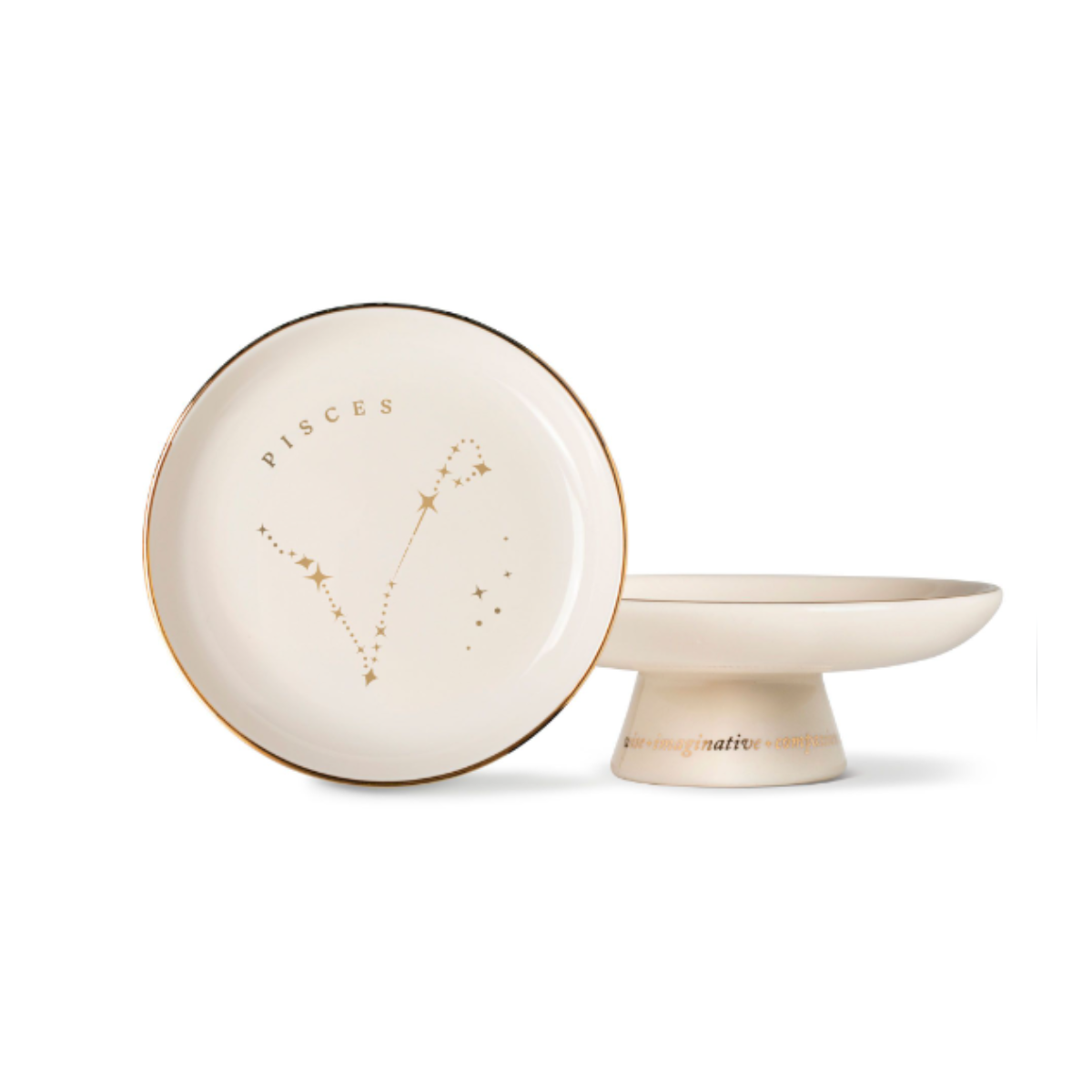 Round white ceramic pedestal tray with gold rim and Pisces star constellation design