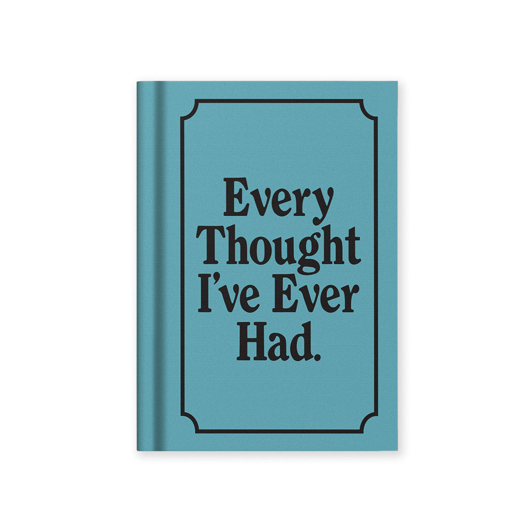 Hardback notebook, teal cover with black border and quote-style title