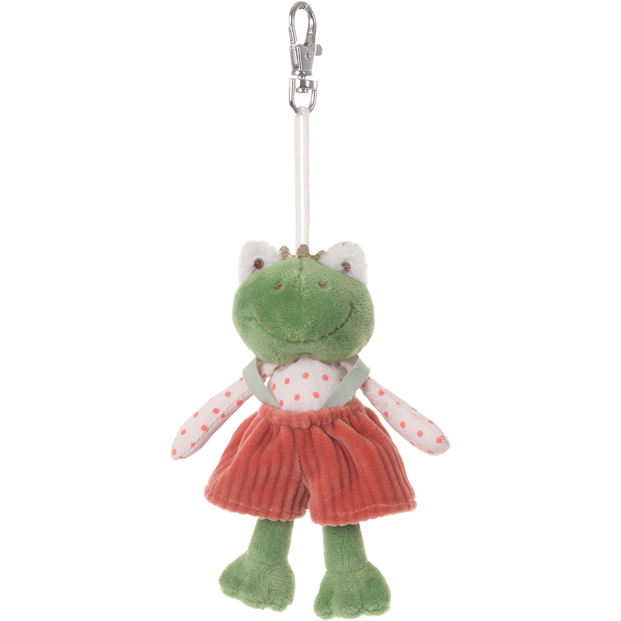 Frog plush keychain with red skirt and white polka-dot top