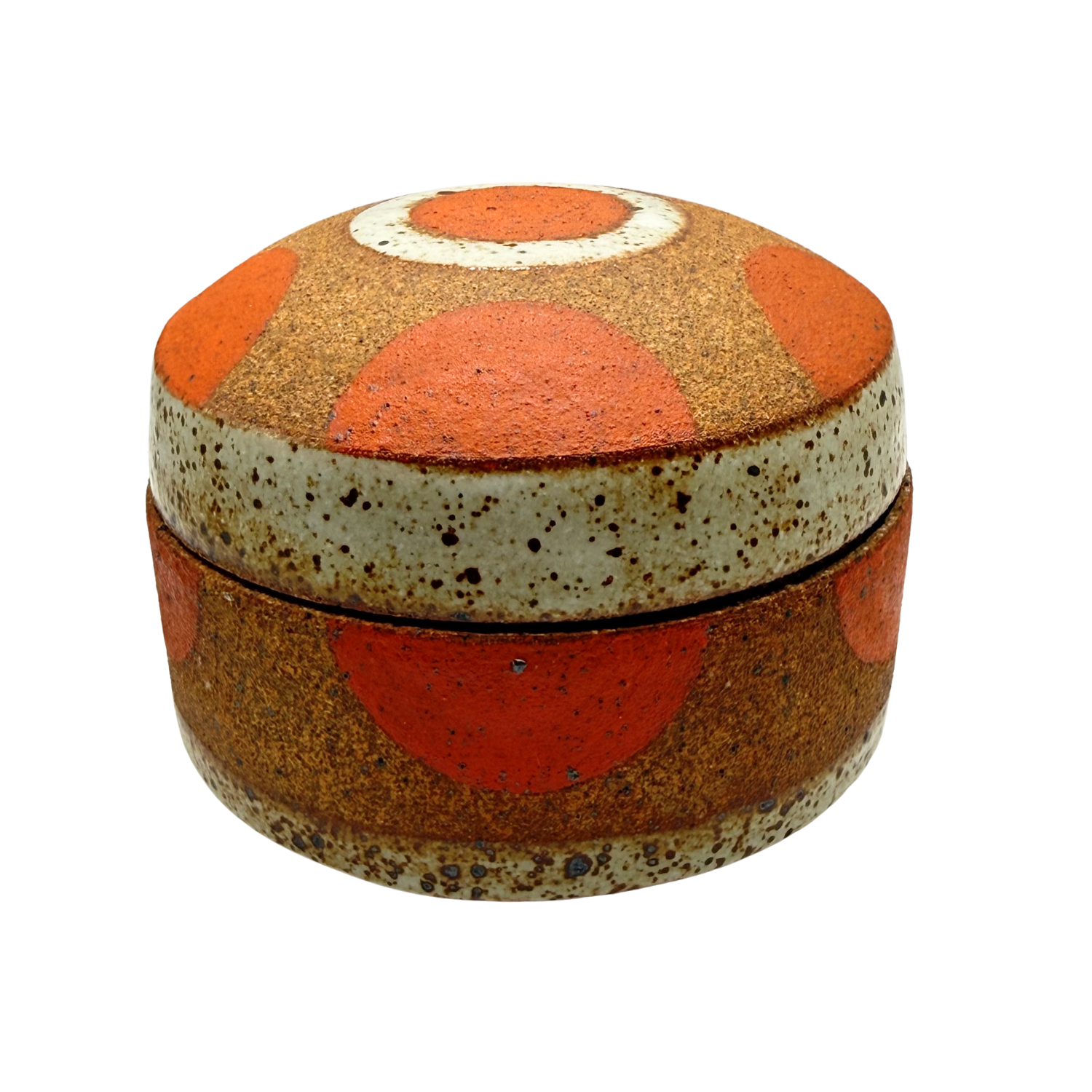 Lidded jar with orange circle pattern and speckled white finish, domed lid on top