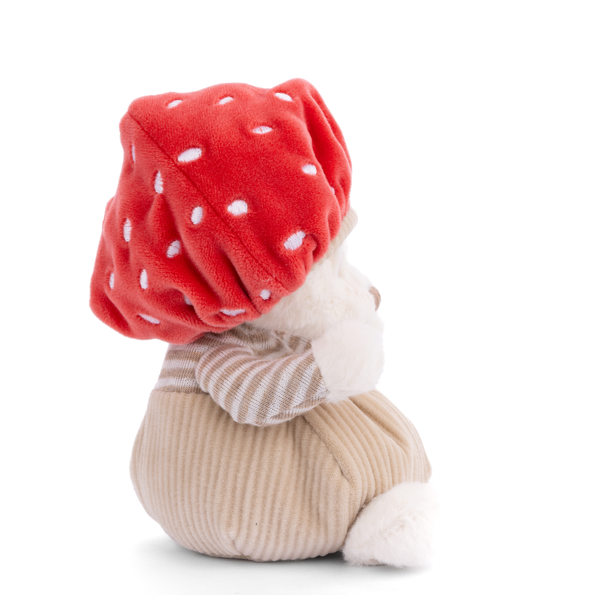 Plush bear toy side view, red mushroom cap, beige striped outfit, white paws