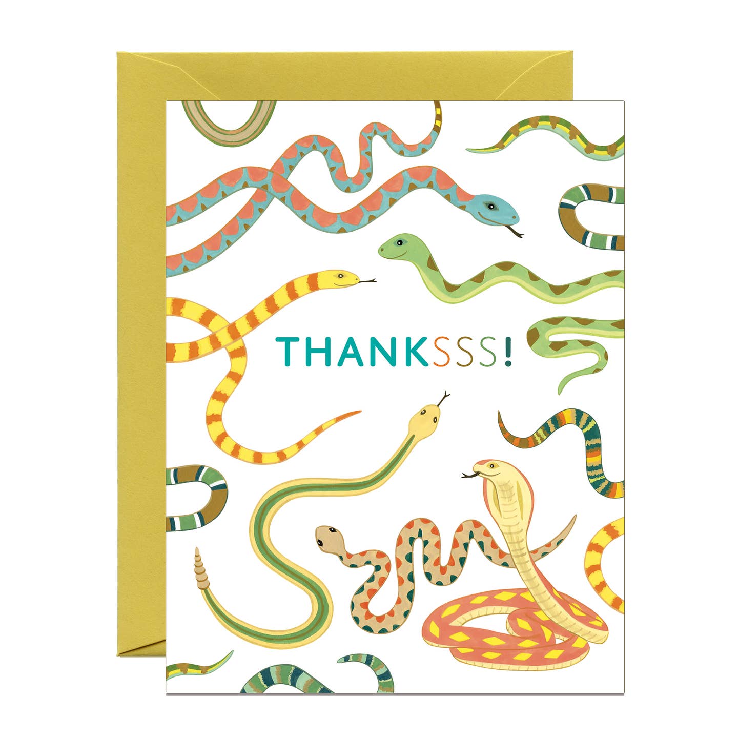 Thank You card with colorful snake illustrations and blue THANKSSS! lettering