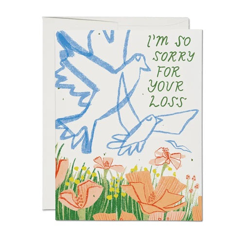 Sympathy greeting card with blue bird, flowers, and message: "I'm so sorry for your loss".