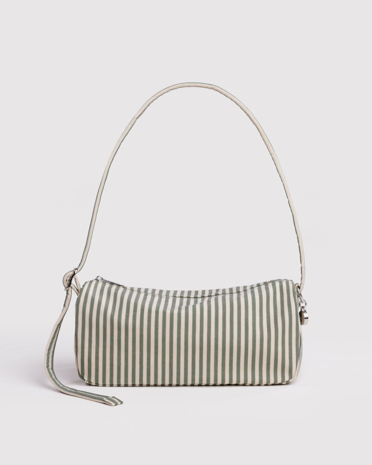 Striped nylon loaf bag with curved handle and zip closure