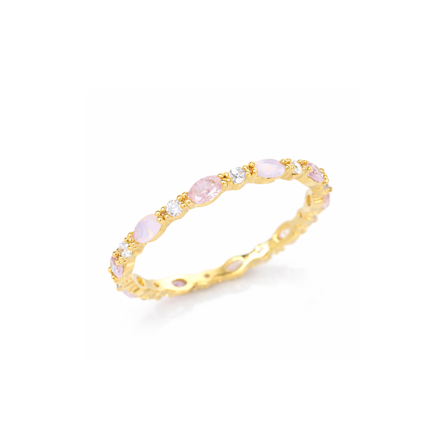 Oval pink CZ tennis ring with gold-tone band and small clear stones
