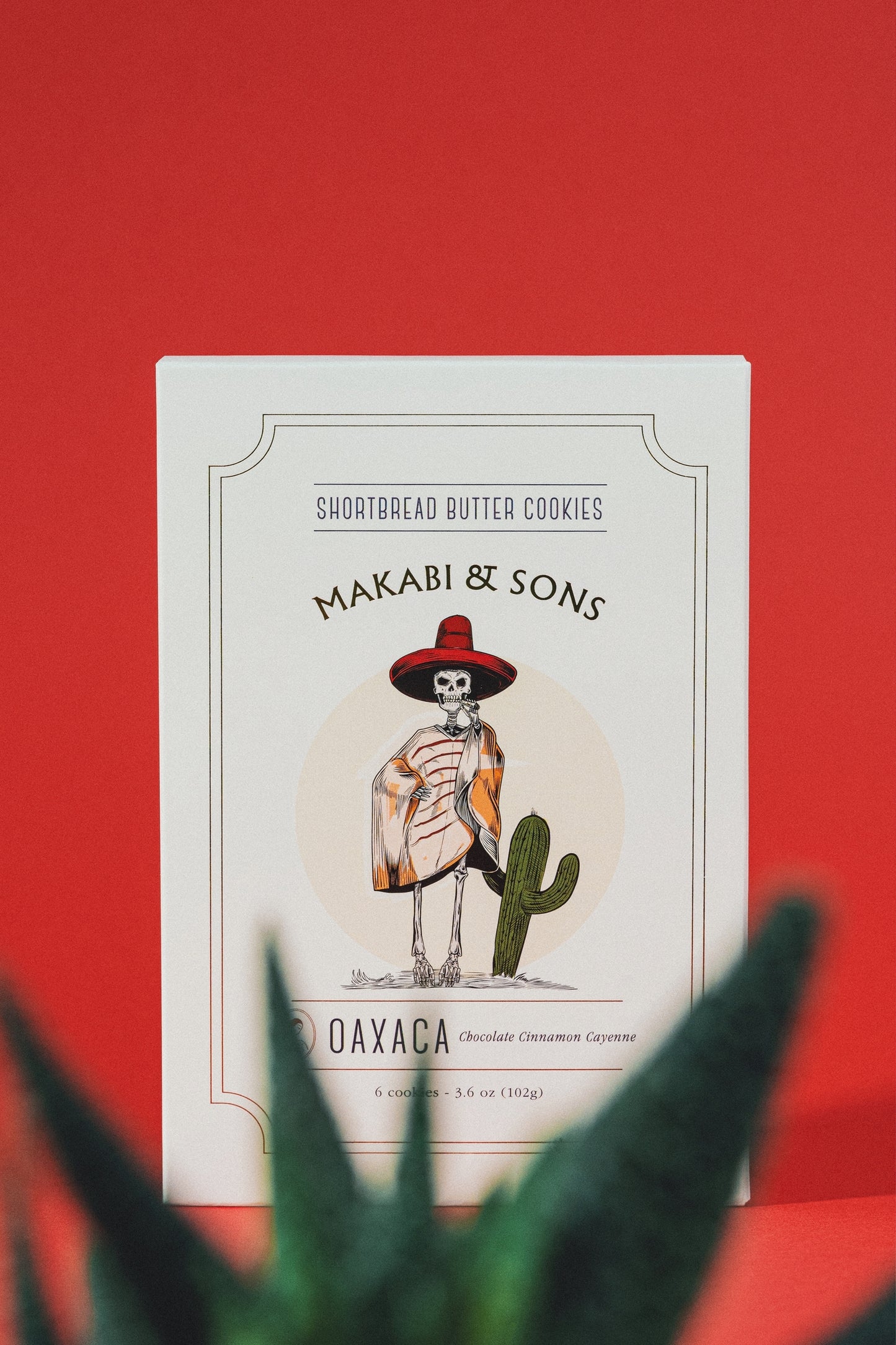 Makabi & Sons Oaxaca cookie box showing skeleton illustration and cactus