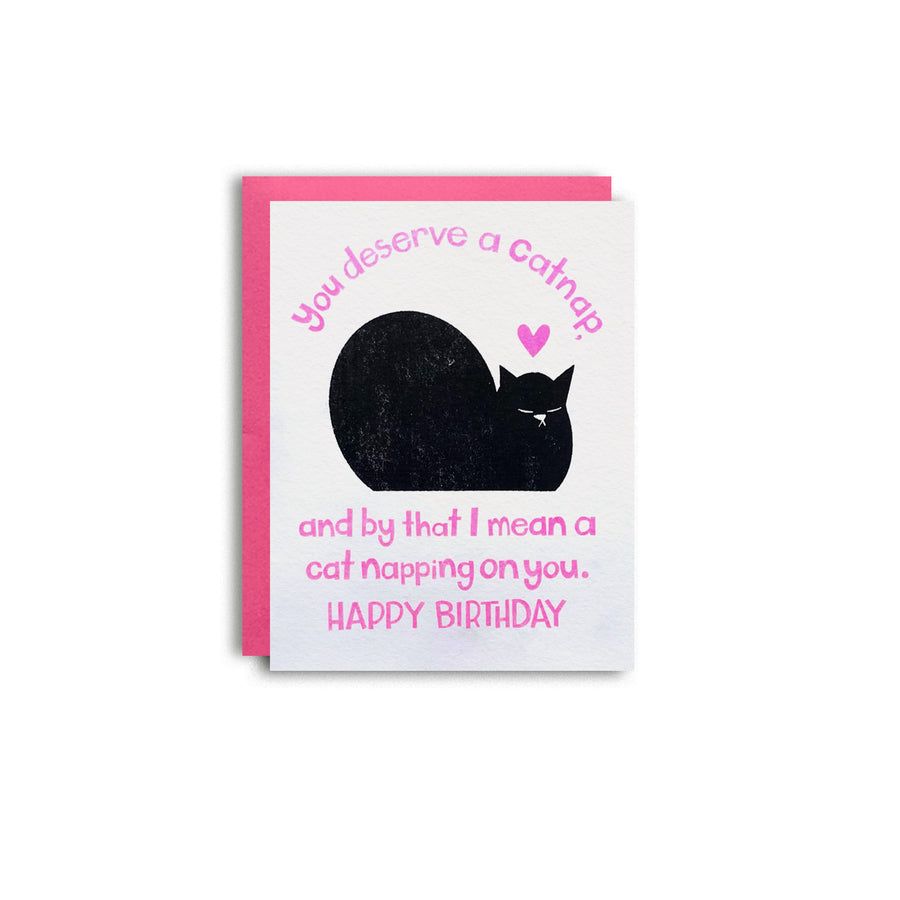 Birthday card with black cat silhouette and pink script text, Happy Birthday inside.
