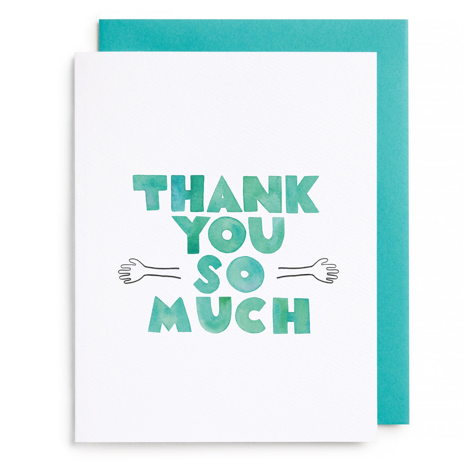 Thank you hug card with teal 'THANK YOU SO MUCH' text and hand hug graphic, with envelope