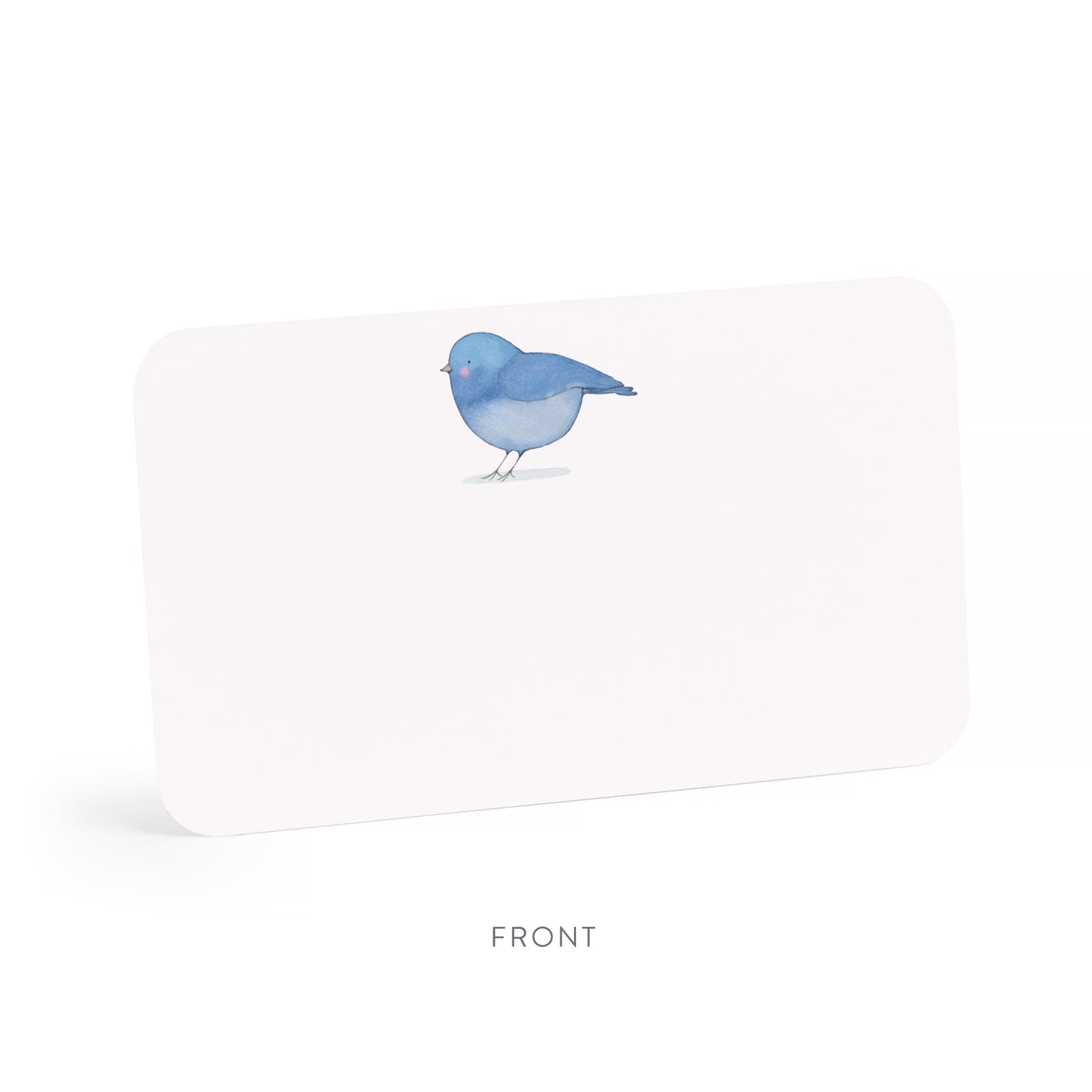 Note card with blue bird illustration on light background, rounded corners
