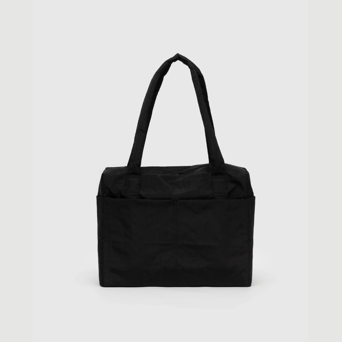 Black carry-on tote bag with top handles and zippered front pocket