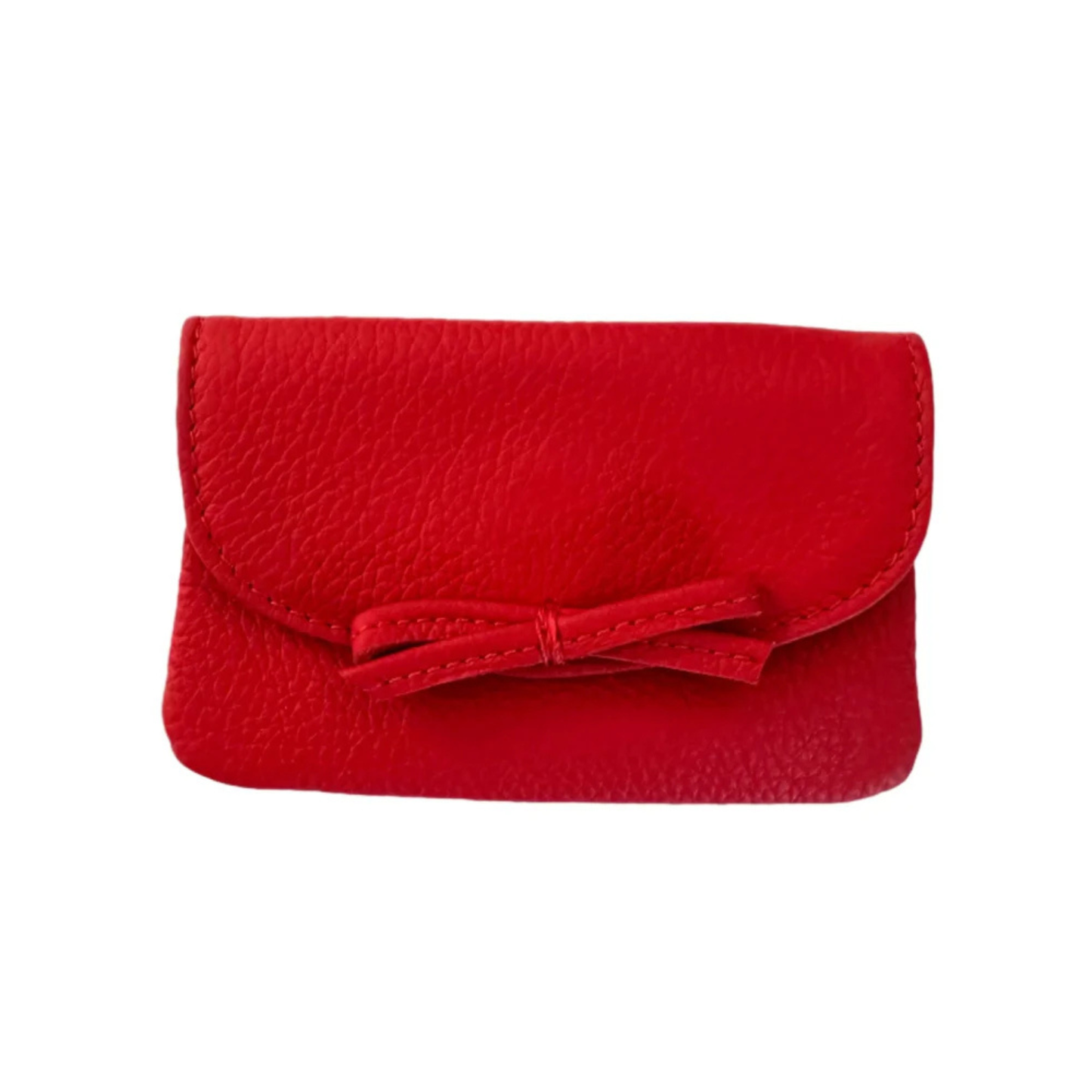 Red pebble leather bow card case with front flap
