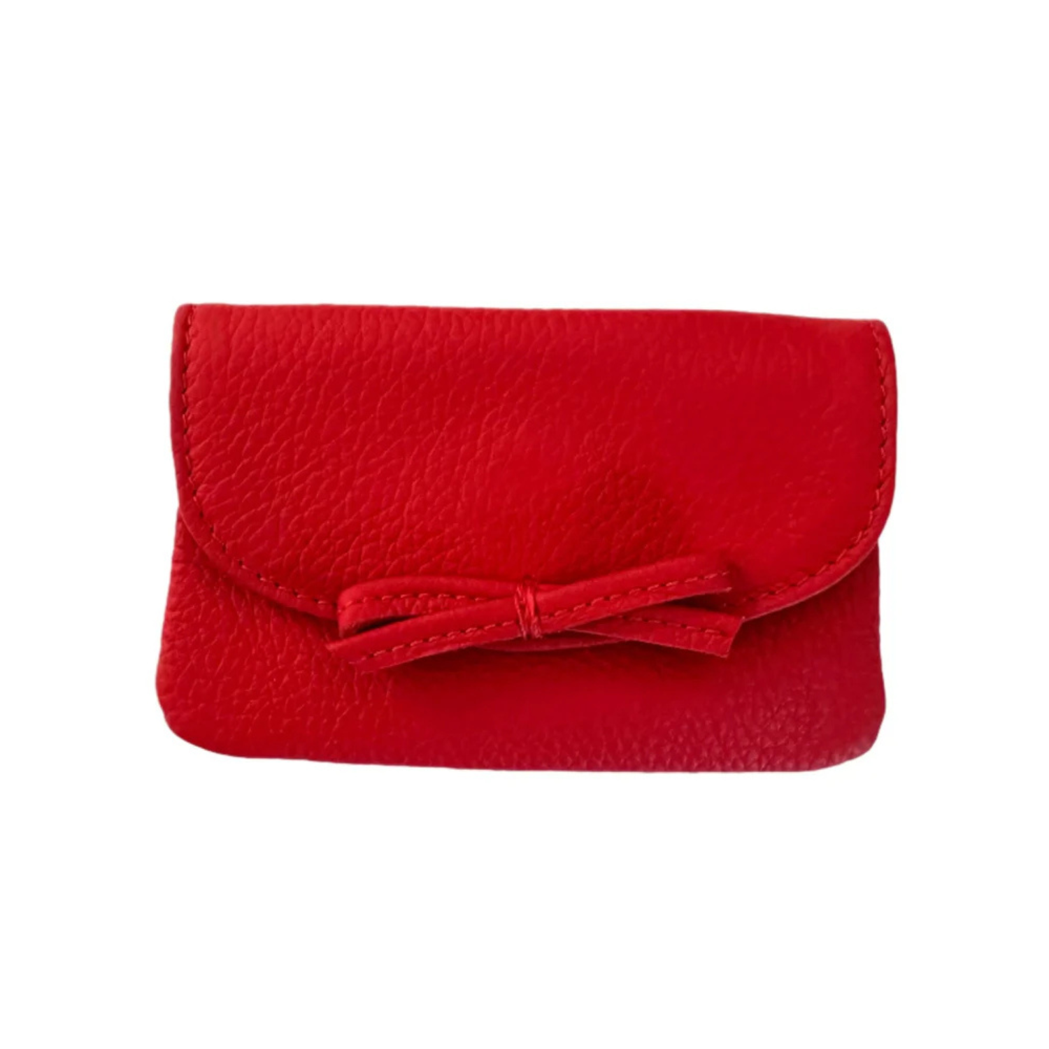 Red pebble leather bow card case with front flap