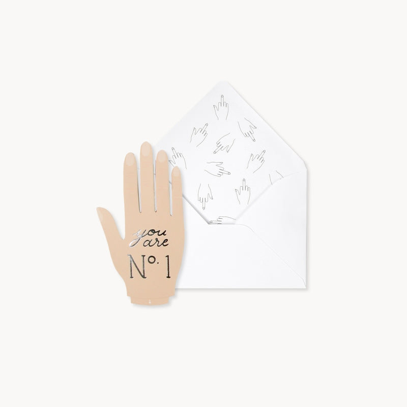 Number One pop-up greeting card with white envelope and hand illustration saying “You are N° 1”