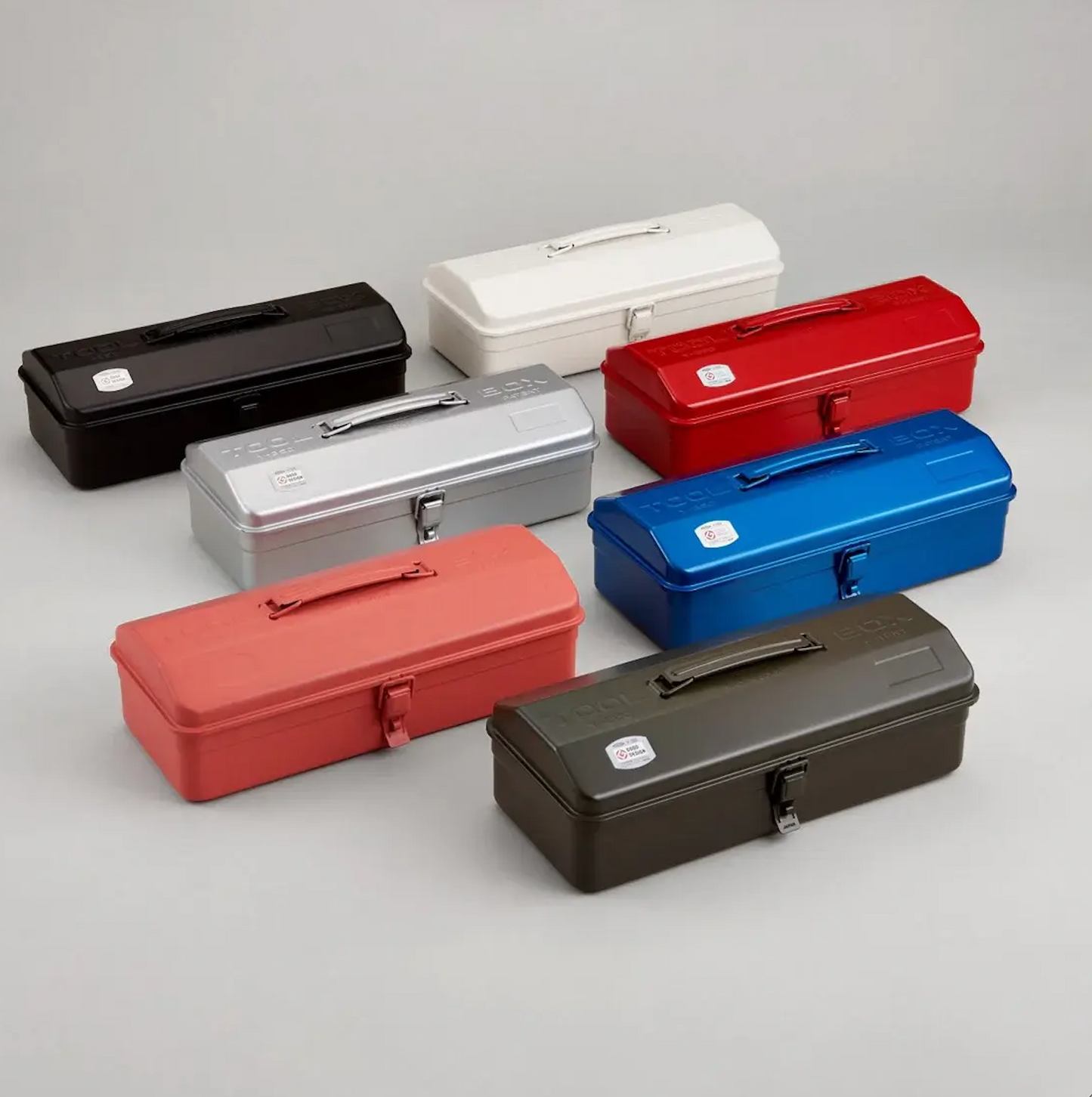 Assorted color steel toolboxes with top handles and camber lids, metal latches