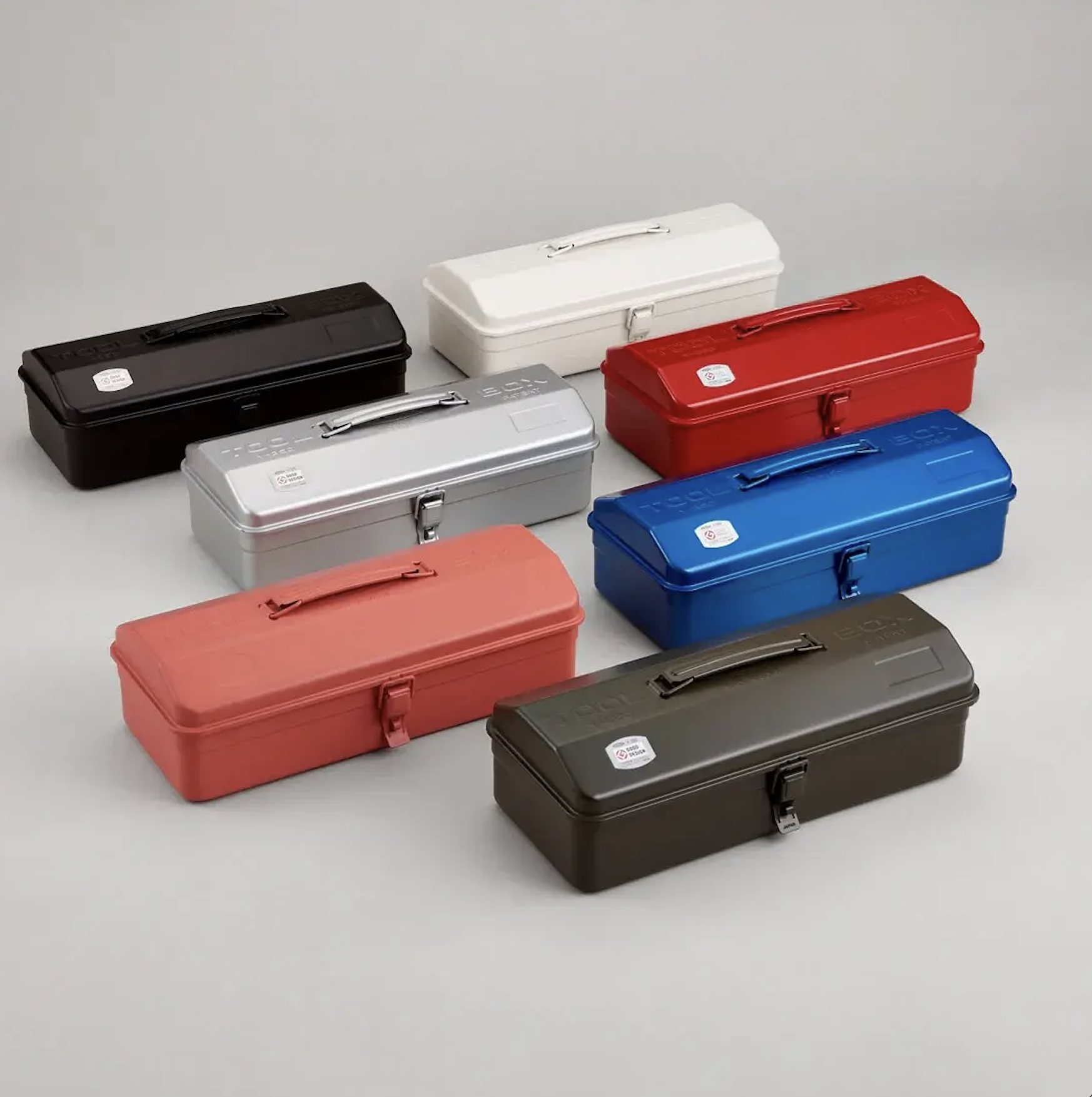 Assorted color steel toolboxes with top handles and camber lids, metal latches